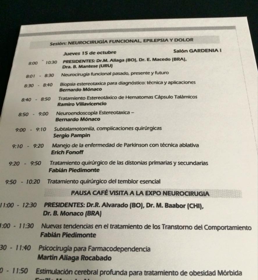 Dr. Bernardo de Monaco; CONOSUR; Congreso de Cirugía Neurológica; Santa Cruz de la Sierra; Neurocirurgia Funcional; Dor.