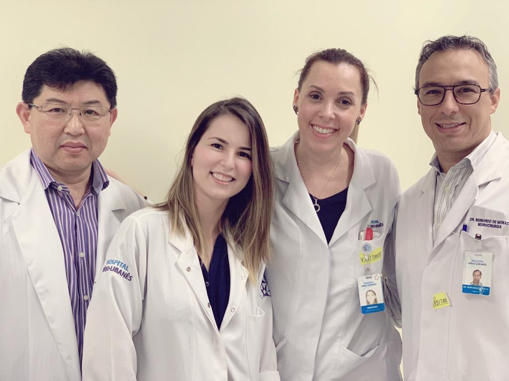 Equipe de instrutores do AME Interlagos - do curso de Pós-Graduação em Dor do Hospital Sírio Libanes - 2018 Orientadores da Pós-Graduação em Dor do Hospital Sírio Libanês - SP - Brasil. Dr. Hideki Hyodo; Dra. Lorena; Enfa. Mariana e Dr. Monaco